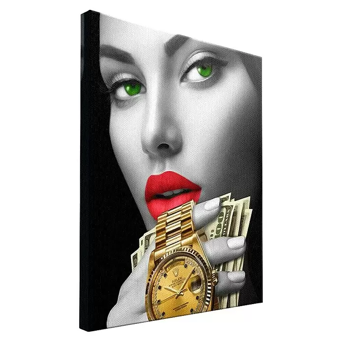 Dotcomcanvas Leinwandbild - Casino Girl, B x H: 30 x 40 cm - Kunstdruck einer Frau mit grünen Augen, roten Lippen, die eine goldene Rolex-Uhr und Dollarnoten hält.