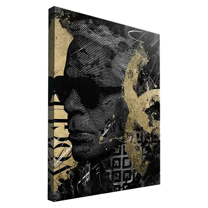 Dotcomcanvas Leinwandbild - Luxury Karl, B x H: 30 x 40 cm - Leinwandbild: Personenprofil mit Sonnenbrille, schwarz, weiß, goldener Halbtonstil mit abstrakten Spritzern.