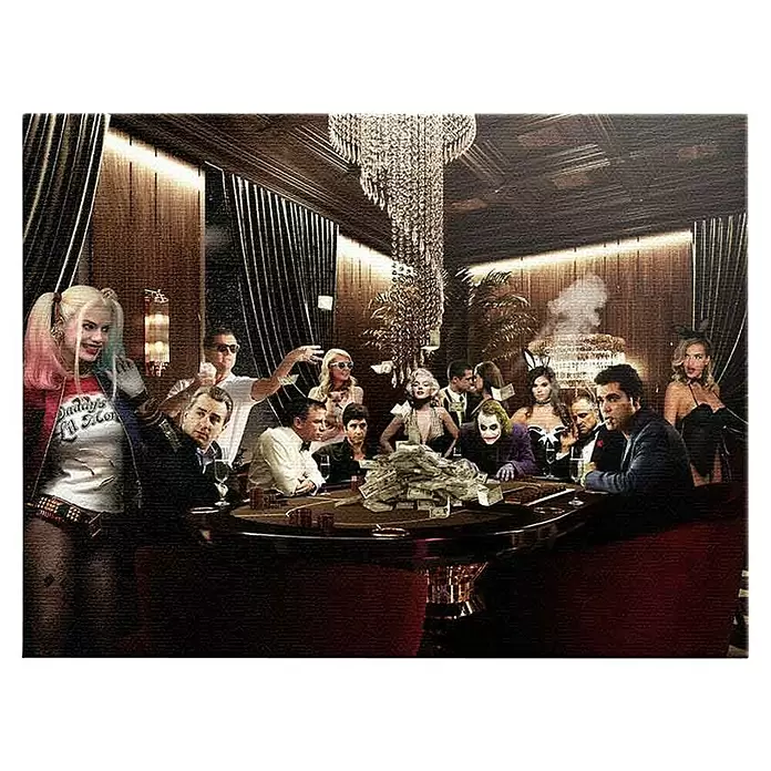 Dotcomcanvas Leinwandbild - Poker Night, B x H: 40 x 30 cm - Collage berühmter Filmfiguren wie Harley Quinn und Joker beim Pokern an einem luxuriösen Tisch mit großen Geldstapeln.