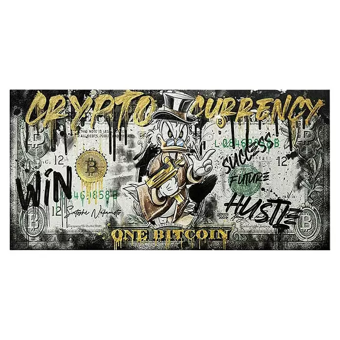 Dotcomcanvas Leinwandbild - Crypto Duck, B x H: 120 x 60 cm - Krypto-Kunstposter mit Cartoon-Ente, Bitcoin-Symbolen und Graffiti-Text 'CRYPTO CURRENCY' in Gold, Schwarz und Weiß auf Banknotendesign.