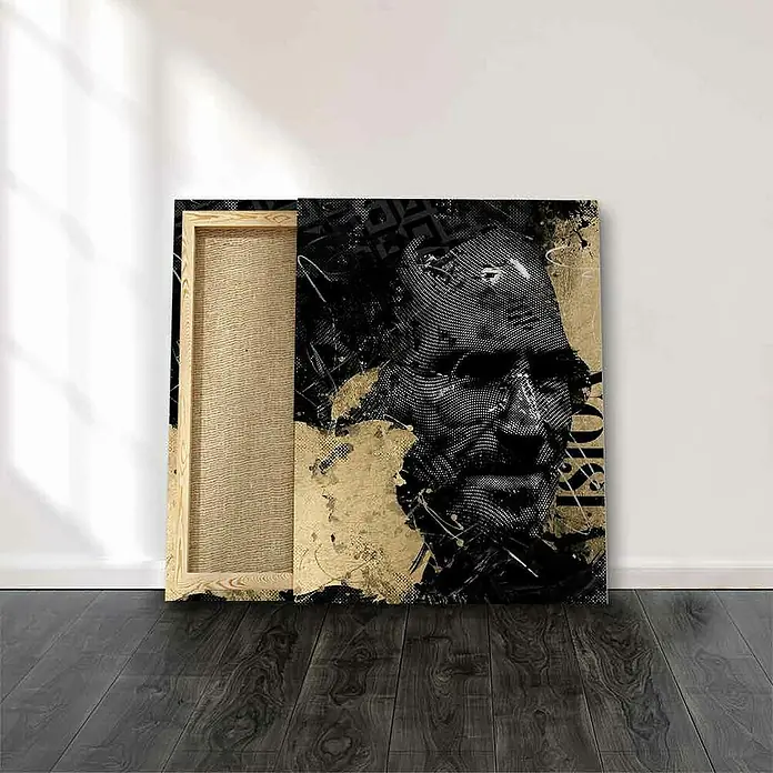 Dotcomcanvas Leinwandbild - Luxury Steve, B x H: 150 x 200 cm - Kunstvolles Leinwandbild mit abstraktem Porträt in Schwarz, Gold und Weiß. Das Kunstwerk verleiht jedem Raum eine edle und moderne Note.
