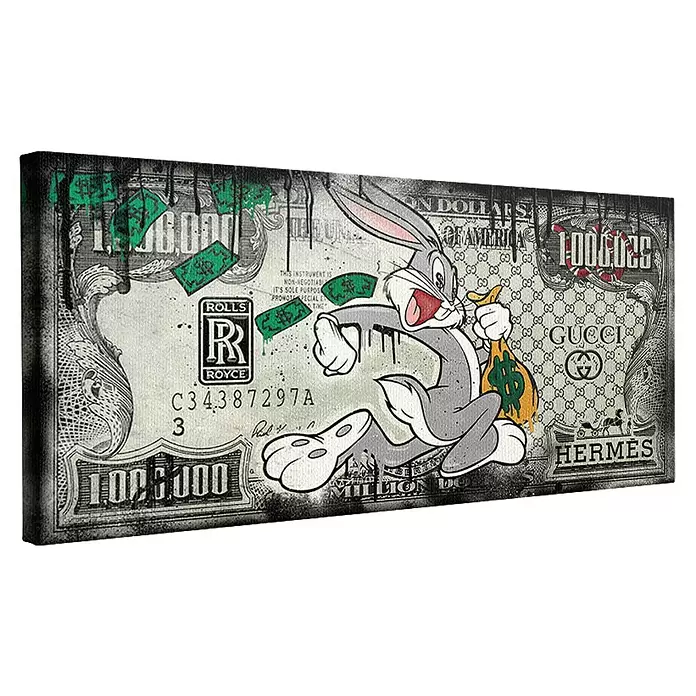 Dotcomcanvas Leinwandbild - Fast Bunny, B x H: 120 x 60 cm - Leinwandbild mit Bugs Bunny auf einer stilisierten Million-Dollar-Note mit Luxusmarkenlogos und Farbspritzern.