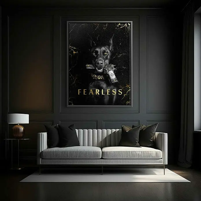 Dotcomcanvas Leinwandbild - Luxury Dog, B x H: 120 x 160 cm - Ein stilvolles Wohnzimmer mit einem grauen Sofa und einem imposanten Kunstdruck eines Dobermanns mit Waffe, der "Fearless" darstellt.