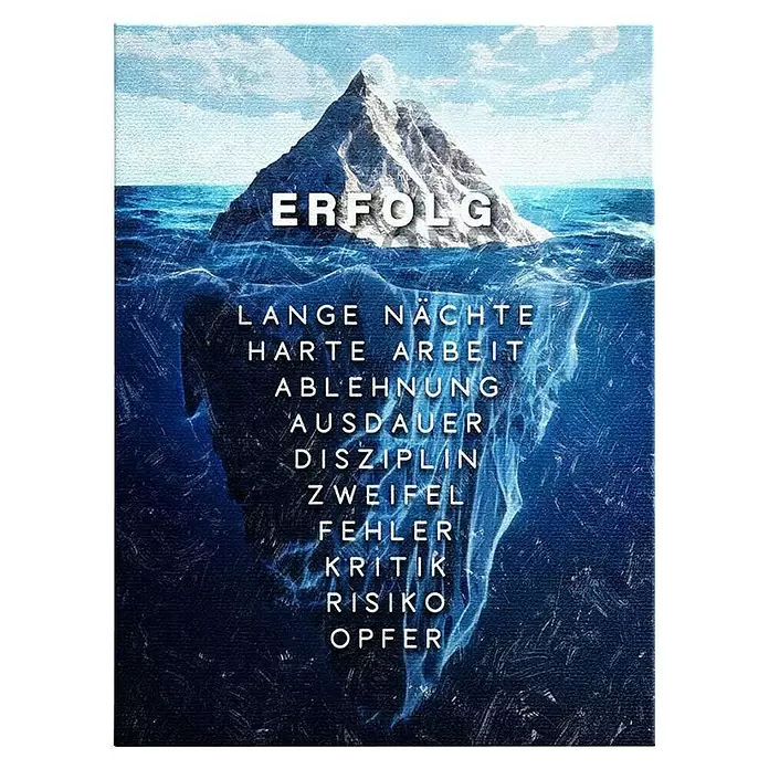 Dotcomcanvas Leinwandbild - Eisberg des Erfolgs, B x H: 90 x 120 cm - Motivationsposter: Eisberg zeigt "ERFOLG" über Wasser, verborgene Anstrengungen wie "Harte Arbeit, Ausdauer, Opfer" darunter.