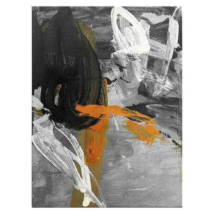 Dotcomcanvas Leinwandbild - Silent Dancer - Abstrakt, B x H: 120 x 160 cm - Dynamisches abstraktes Gemälde mit kräftigen schwarzen, weißen und orangen Pinselstrichen auf Grautönen, mit sichtbarer Textur.