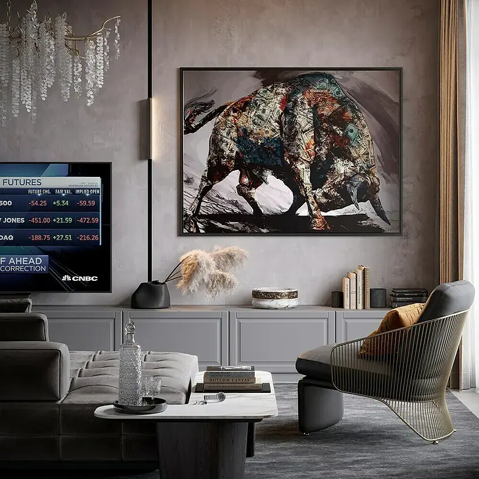 Dotcomcanvas Leinwandbild - Money Bull, B x H: 120 x 90 cm - Stilvolles Wohnzimmer mit einem Bullenbild an der Wand, das eine dynamische und moderne Atmosphäre schafft.