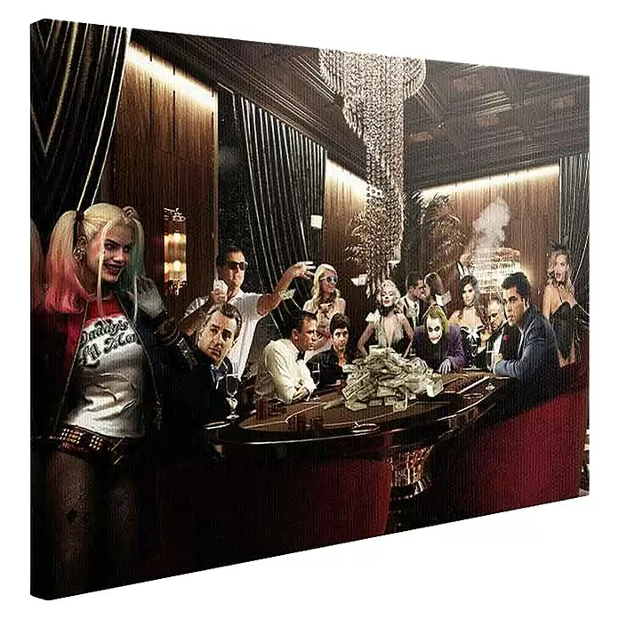 Dotcomcanvas Leinwandbild - Poker Night, B x H: 40 x 30 cm - Leinwandbild eines Pokerspiels mit ikonischen Charakteren wie Harley Quinn, Joker und anderen Prominenten in einem luxuriösen Casino.