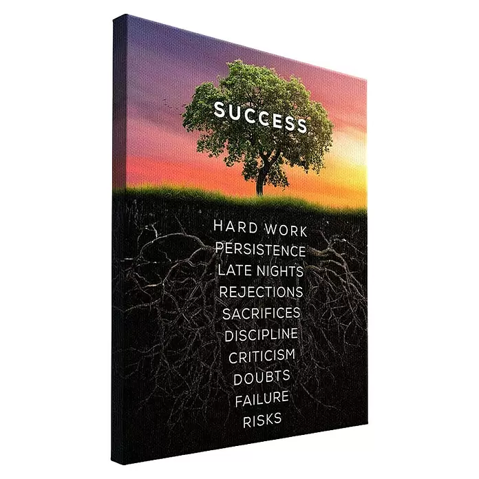 Dotcomcanvas Leinwandbild - Baum des Erfolgs, B x H: 60 x 80 cm - Motivations-Leinwandbild: Ein Baum steht für 'ERFOLG', seine Wurzeln sind mit 'HARTE ARBEIT', 'AUSDAUER' und anderen Bemühungen beschriftet.