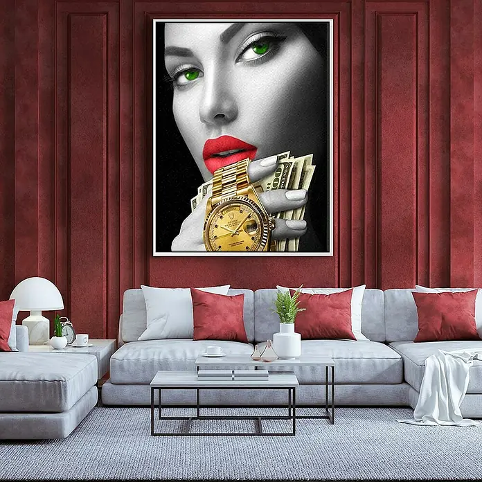Dotcomcanvas Leinwandbild - Casino Girl, B x H: 30 x 40 cm - Ein glamouröses Wandbild mit einer Frau, die eine goldene Rolex und Geldscheine hält, perfekt für ein luxuriöses Interieur.