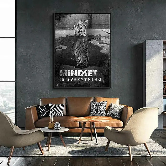 Dotcomcanvas Leinwandbild - Mindset Is Everything Tiger, B x H: 90 x 120 cm - Ein inspirierendes Wandbild "Mindset is everything", das eine Katze zeigt, deren Spiegelbild ein Tiger ist, verleiht dem Wohnzimmer eine motivierende Note.