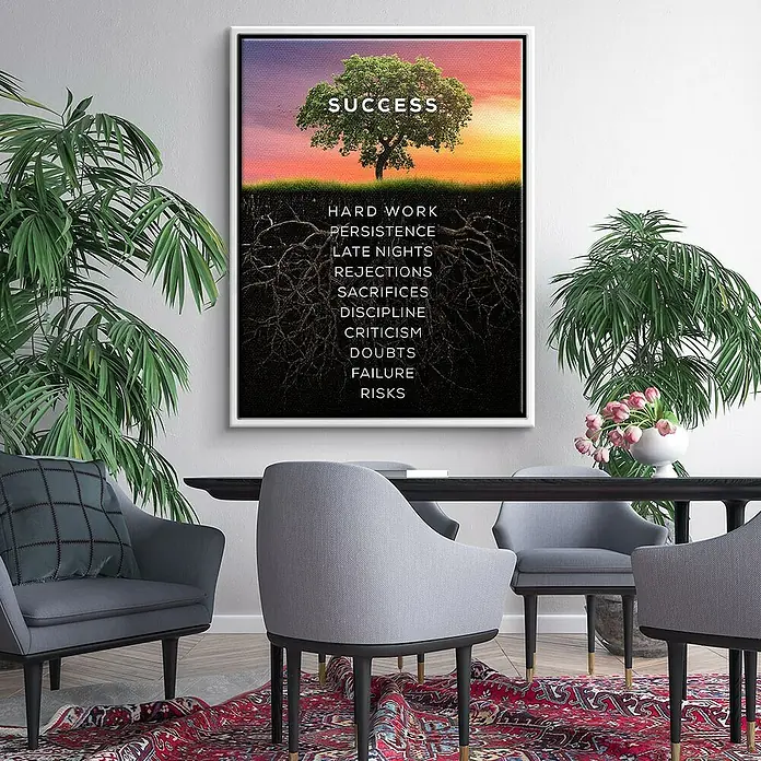 Dotcomcanvas Leinwandbild - Baum des Erfolgs, B x H: 60 x 80 cm - Ein gerahmtes Poster mit dem Titel "Erfolg", das die Bedeutung von harter Arbeit und Ausdauer für den Erfolg hervorhebt, wird in einem Esszimmer gezeigt.