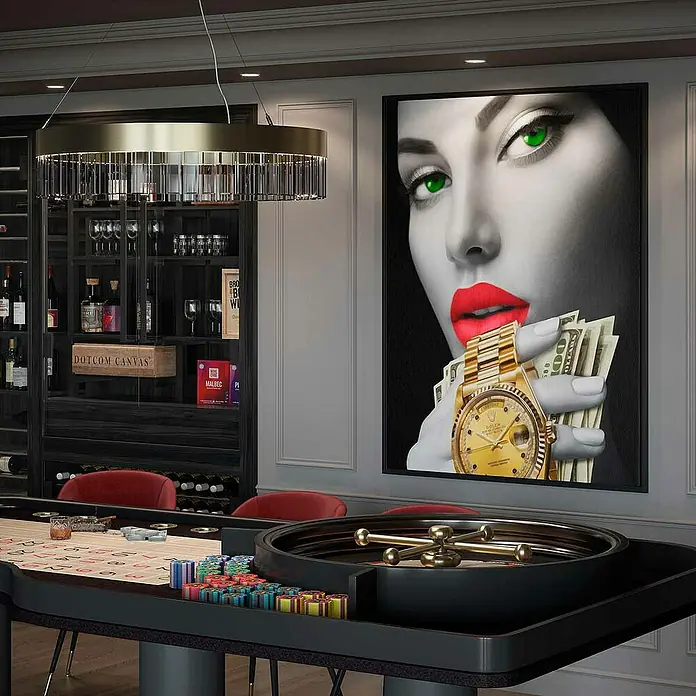 Dotcomcanvas Leinwandbild - Casino Girl, B x H: 30 x 40 cm - Ein luxuriöses Spielzimmer mit Roulettetisch, stilvoller Beleuchtung und einem beeindruckenden Wandbild.