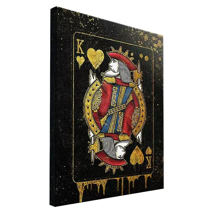 Dotcomcanvas Leinwandbild - King Card, B x H: 75 x 100 cm - Schwarzer und goldener Herz-König-Spielkarten-Leinwanddruck mit abgenutzten und tropfenden Goldakzenten.