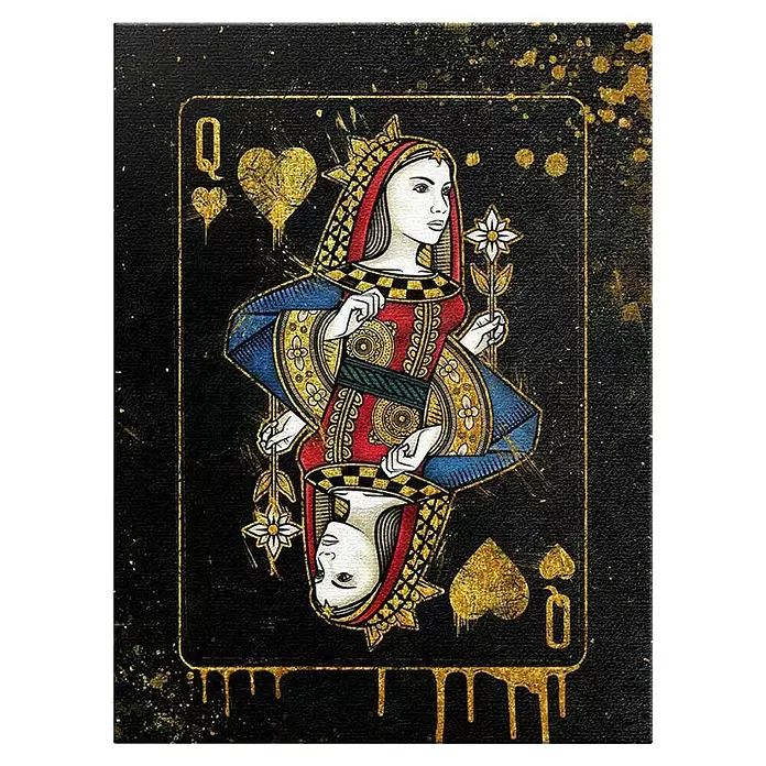 Dotcomcanvas Leinwandbild - Queen Card, B x H: 120 x 160 cm - Schwarze und goldene Herz-Dame Spielkarte mit doppelseitigem, verziertem Design und Farbspritzern.