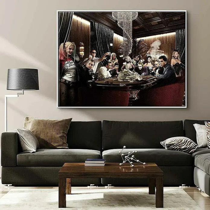 Dotcomcanvas Leinwandbild - Poker Night, B x H: 40 x 30 cm - Das Kunstwerk zeigt eine Szene mit Harley Quinn und dem Joker beim Pokern, perfekt für ein stilvolles Wohnzimmer.