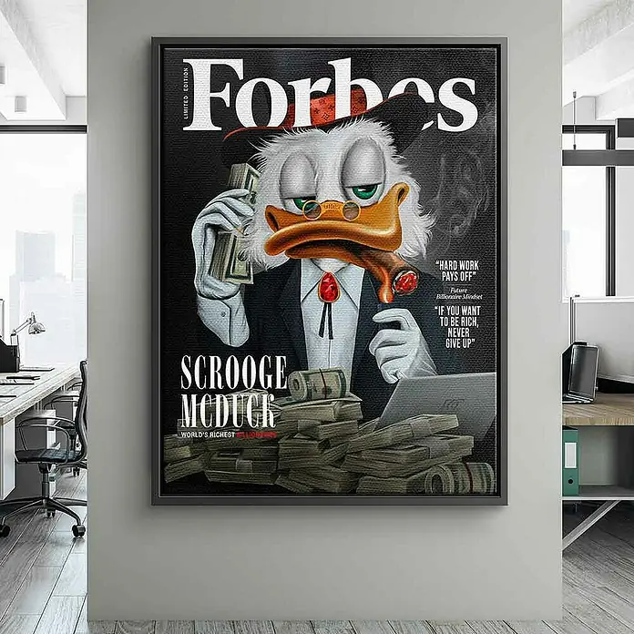 Dotcomcanvas Leinwandbild - Billionaire Duck, B x H: 30 x 40 cm - Forbes-Cover mit Dagobert Duck, der mit Zigarre und Geld dargestellt wird – ein humorvolles Bild für Finanzinteressierte.