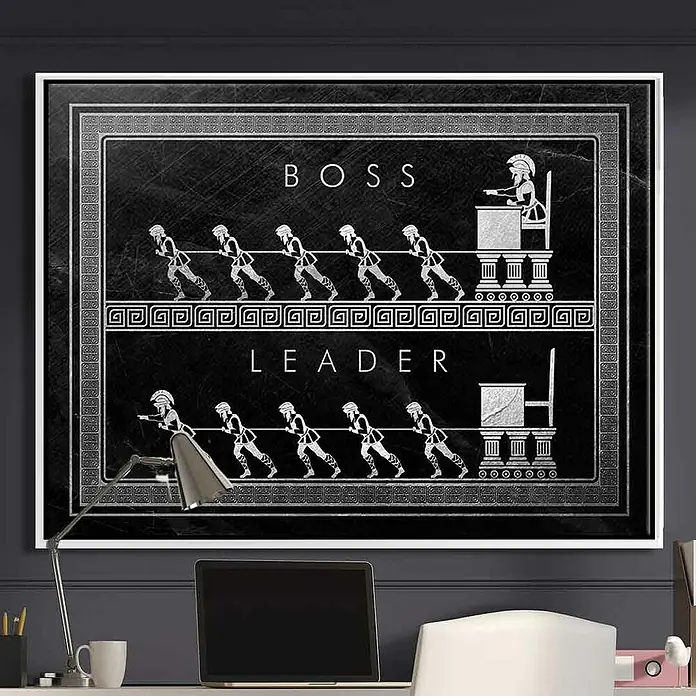 Dotcomcanvas Leinwandbild - Be A Leader, B x H: 80 x 60 cm - Boss- vs. Leader-Poster: Einzigartige Wanddekoration für Büro oder Arbeitszimmer, die Führungsstile auf humorvolle Weise vergleicht.