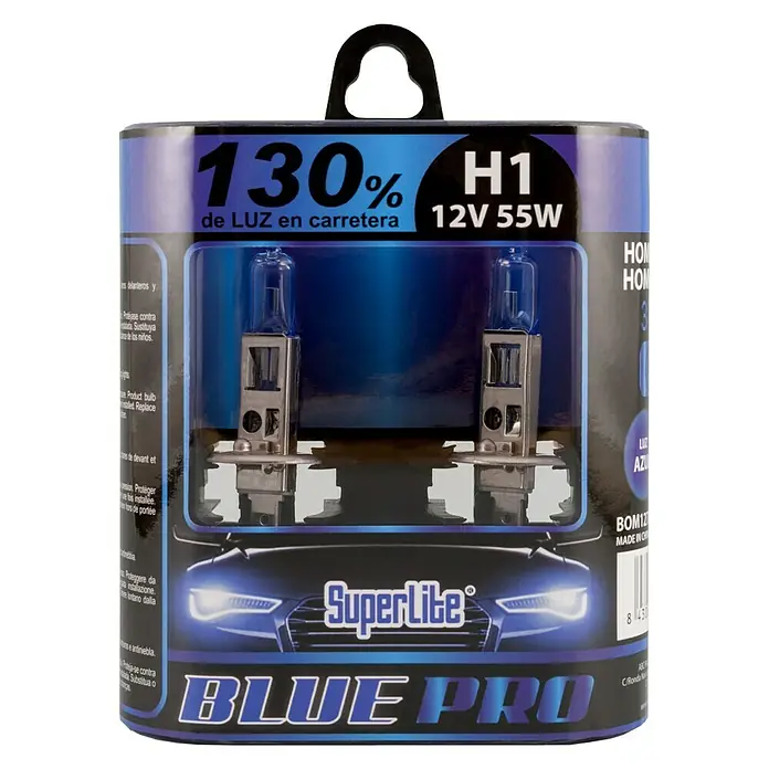 Bombilla para faro delantero BOM12720 - 12 V, 2 ud., Azul - Paquete de bombillas halógenas SuperLite Blue Pro H1, que proporcionan hasta un 130% más de luz en la carretera.