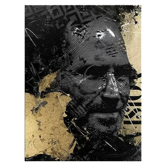 Dotcomcanvas Leinwandbild - Luxury Steve, B x H: 150 x 200 cm - Abstrakte Schwarz-Gold-Halbtonkunst mit stilisiertem Gesicht und Grunge-Texturen.