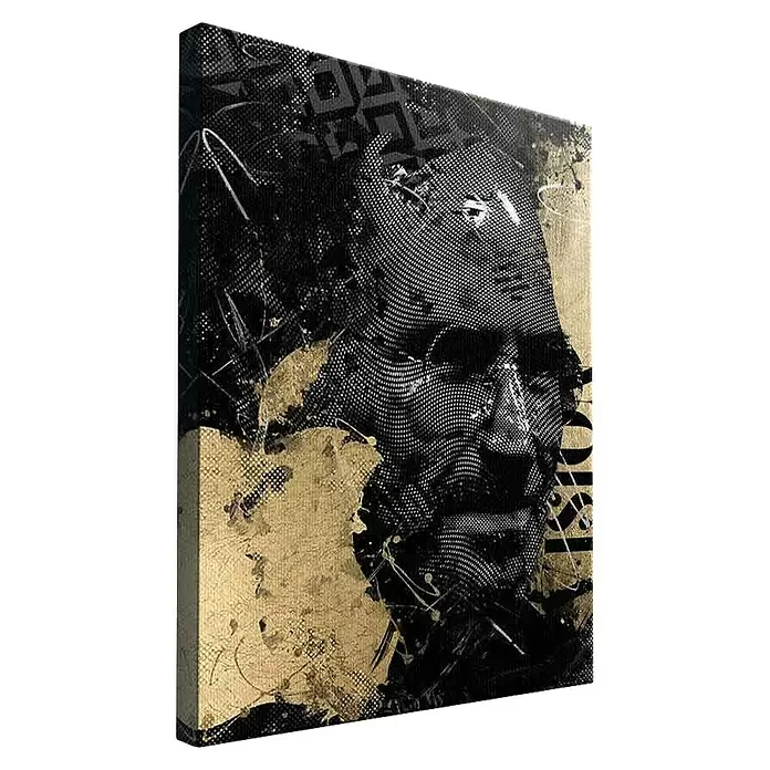 Dotcomcanvas Leinwandbild - Luxury Steve, B x H: 150 x 200 cm - Abstraktes schwarzes, weißes Halbton- und goldenes Leinwandbild mit stilisiertem Gesicht.