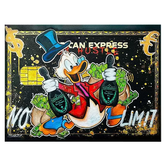 Dotcomcanvas Leinwandbild - No Limit, B x H: 200 x 150 cm - Farbenfrohes Pop-Art-Gemälde von Dagobert Duck mit zwei Champagnerflaschen und Geldhaufen auf schwarzem Kreditkartendesign.
