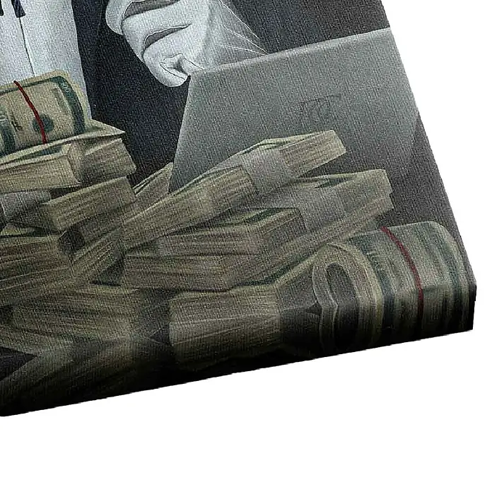 Dotcomcanvas Leinwandbild - Billionaire Duck, B x H: 30 x 40 cm - Detailaufnahme von Geldbündeln und einem Laptop. Das Bild zeigt Reichtum und geschäftige Finanzaktivitäten.