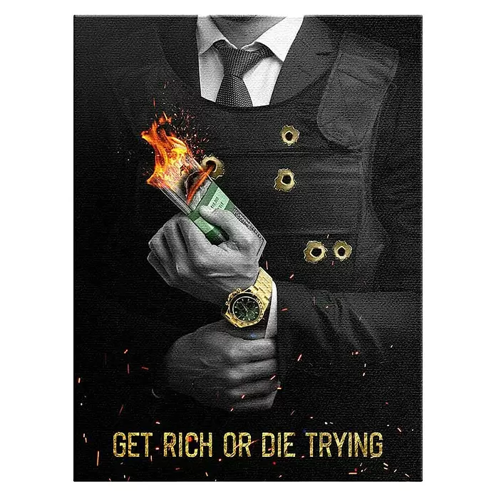 Dotcomcanvas Leinwandbild - Get Rich Or Die Trying, B x H: 30 x 40 cm - Kunstwerk: Mann in schusssicherer Weste mit Einschusslöchern, hält brennendes Geld und goldene Uhr. Text: 'GET RICH OR DIE TRYING'.