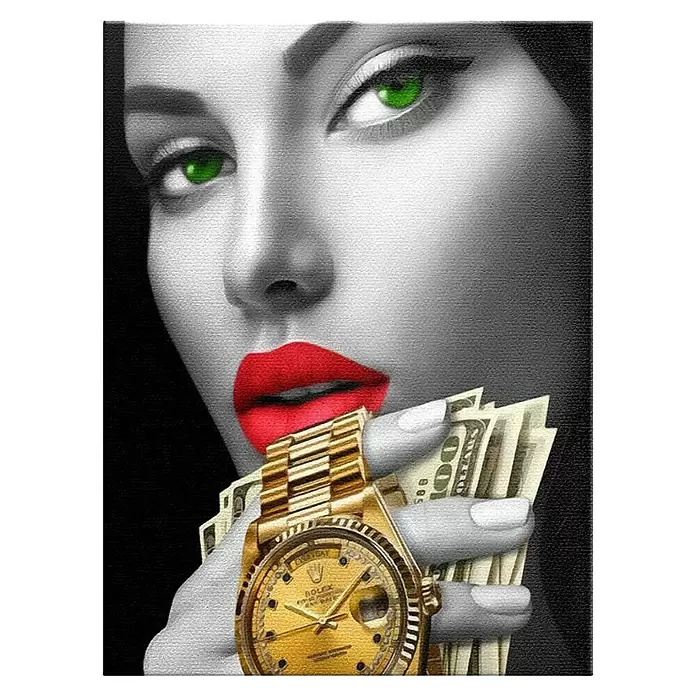 Dotcomcanvas Leinwandbild - Casino Girl, B x H: 30 x 40 cm - Frau mit grünen Augen und roten Lippen, die eine goldene Uhr und einen Stapel US-Dollar-Scheine hält.