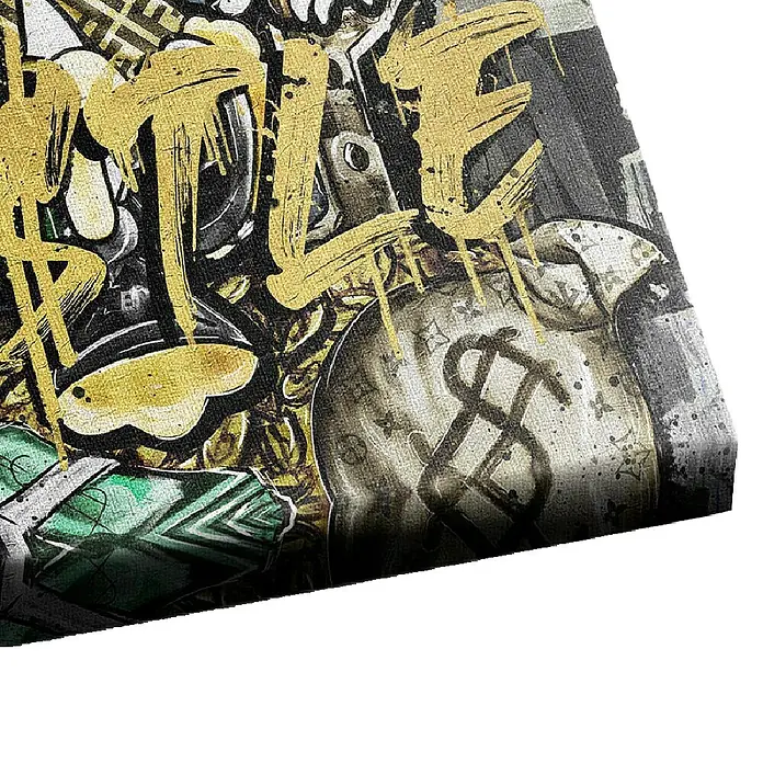Dotcomcanvas Leinwandbild - All Hustle Duck, B x H: 90 x 120 cm - Detailaufnahme eines luxuriösen Kunstwerks mit Geldsack, Dollarzeichen und goldenen Akzenten, das Reichtum und Erfolg symbolisiert.