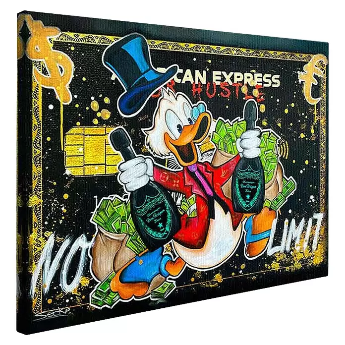 Dotcomcanvas Leinwandbild - No Limit, B x H: 200 x 150 cm - Leinwanddruck mit Dagobert Duck, Champagnerflaschen und Geld, auf schwarzem Kreditkarten-Design mit „NO LIMIT“ Schriftzug.