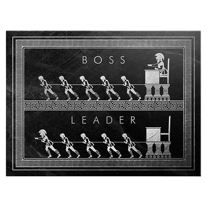 Dotcomcanvas Leinwandbild - Be A Leader, B x H: 80 x 60 cm - Eine Illustration, die „Boss“ und „Leader“-Konzepte vergleicht. Oben sitzt ein Boss, während andere ziehen. Unten zieht ein Leader mit dem Team.
