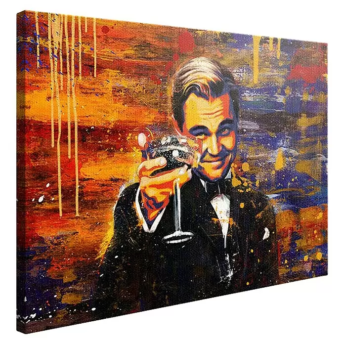 Dotcomcanvas Leinwandbild - Chapeau, B x H: 160 x 120 cm - Farbenfrohes Leinwandbild eines Mannes, der Jay Gatsby ähnelt und ein Cocktailglas hebt, im abstrakten Malstil.