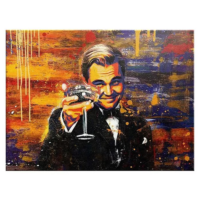 Dotcomcanvas Leinwandbild - Chapeau, B x H: 160 x 120 cm - Lebhaftes abstraktes Gemälde von Jay Gatsby, der ein Cocktailglas erhebt, mit kräftigen Farben und Farbspritzern.