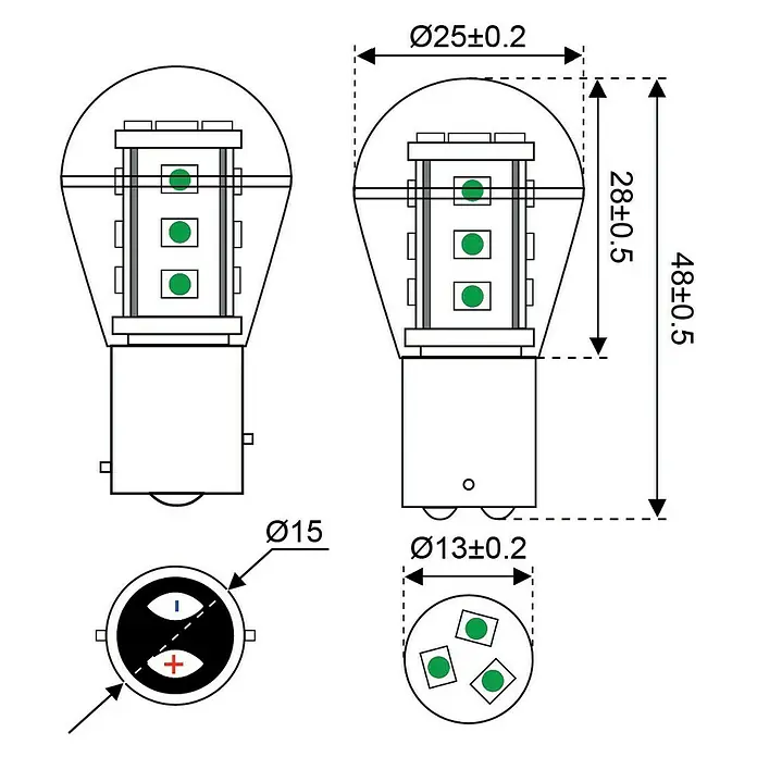 Talamex LED-Navigationsleuchtmittel für Boote - 0,9 W, 10 V - 30 V, Lichtfarbe: Grün - Detaillierte Zeichnung einer LED-Lampe mit Maßangaben für Durchmesser und Länge, inklusive Sockelansicht zur Verdeutlichung der Bauweise.