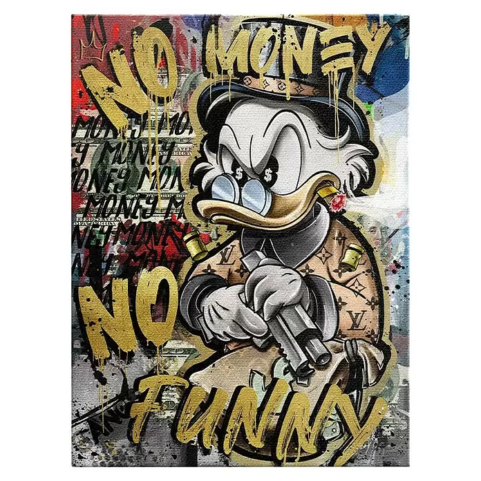 Dotcomcanvas Leinwandbild - No Money Duck, B x H: 90 x 120 cm - Graffiti-Kunstwerk mit Dagobert Duck, Waffe, Geldsack, Zigarre und Dollarsymbolen, Schriftzug 'NO MONEY NO FUNNY'.