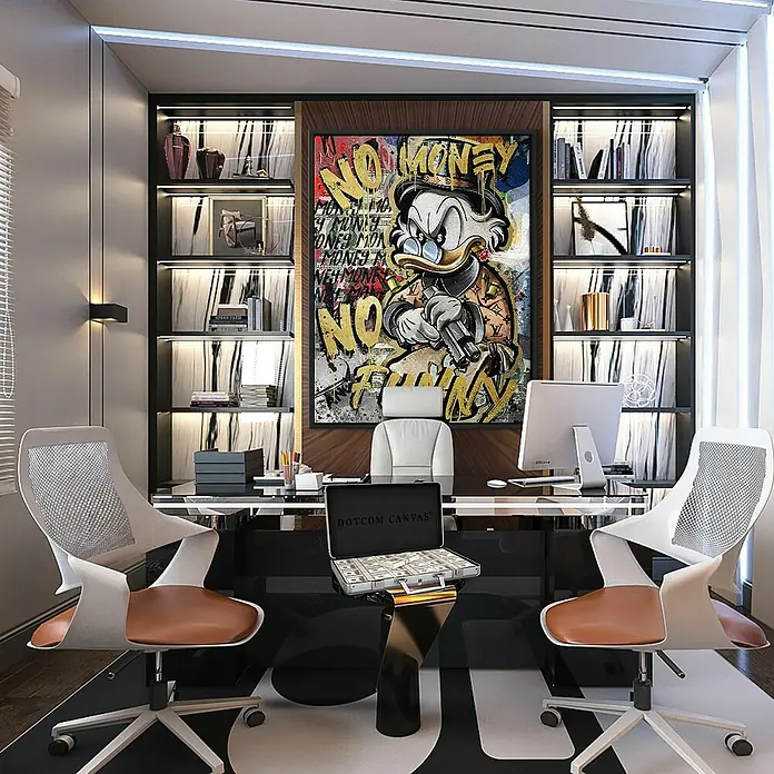 Dotcomcanvas Leinwandbild - No Money Duck, B x H: 90 x 120 cm - Das geräumige Büro verfügt über ein auffälliges Wandbild, das Dagobert Duck mit dem Schriftzug "No Money No Funny" zeigt und eine luxuriöse Atmosphäre schafft.