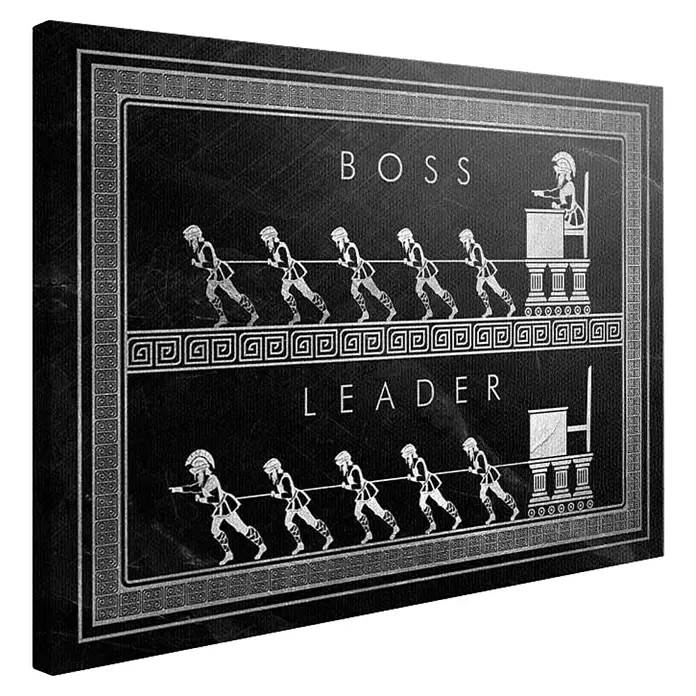 Dotcomcanvas Leinwandbild - Be A Leader, B x H: 80 x 60 cm - Schwarz-weißer Leinwanddruck, der Boss- vs. Führer-Rollen mit griechischen Figuren zeigt, die einen Block ziehen.