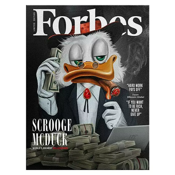 Dotcomcanvas Leinwandbild - Billionaire Duck, B x H: 30 x 40 cm - Forbes Magazin-Cover mit Dagobert Duck in Anzug und Hut, Zigarre rauchend, umgeben von Geldstapeln und Laptop. Text: Reichster der Welt.