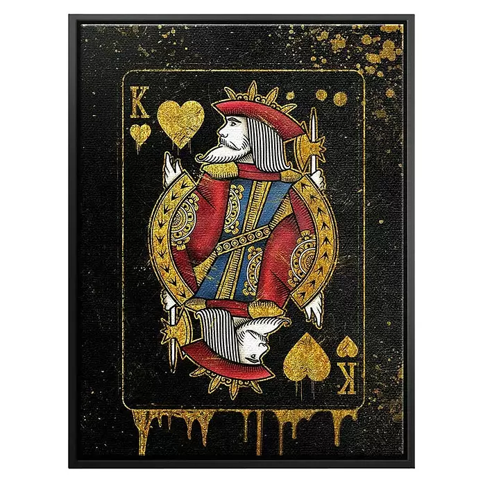 Dotcomcanvas Leinwandbild - King Card, B x H: 75 x 100 cm - Gerahmter Schwarz-Gold König Spielkarte Kunstdruck, mit Herz-König und Pik-König.