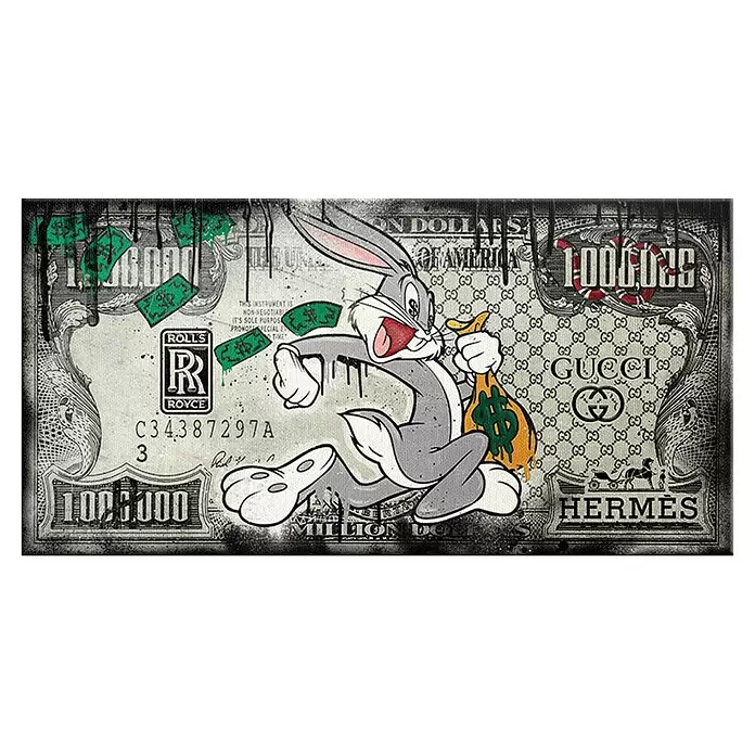 Dotcomcanvas Leinwandbild - Fast Bunny, B x H: 120 x 60 cm - Pop-Art-Banknoten-Kunstwerk mit Bugs Bunny, Geldbeutel, tropfender Farbe und Luxusmarkenlogos wie Gucci, Rolls Royce und Hermes.