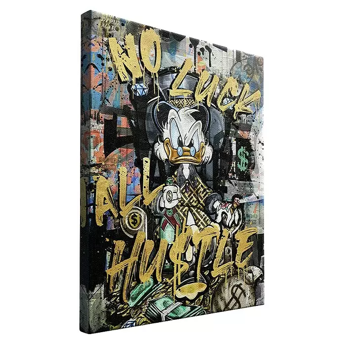 Dotcomcanvas Leinwandbild - All Hustle Duck, B x H: 90 x 120 cm - Graffiti-Leinwandbild mit Dagobert Duck, goldenem "NO LUCK ALL HUSTLE"-Text und Geldstapeln.