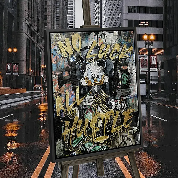 Dotcomcanvas Leinwandbild - All Hustle Duck, B x H: 90 x 120 cm - Einzigartiges Gemälde von Dagobert Duck "No Luck All Hustle" im urbanen Stil. Die Leinwand zeigt leuchtende Farben und ist ein echter Hingucker.
