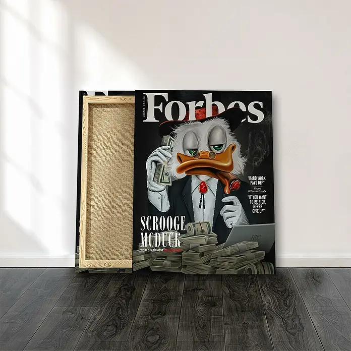 Dotcomcanvas Leinwandbild - Billionaire Duck, B x H: 30 x 40 cm - Forbes Magazin Cover mit Dagobert Duck als reicher Geschäftsmann, Zigarre rauchend und mit Geldbündeln.