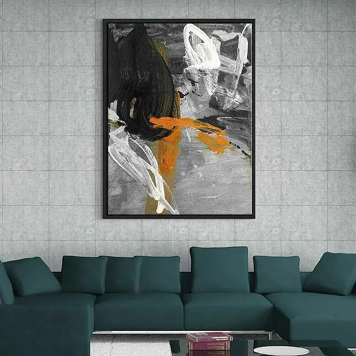 Dotcomcanvas Leinwandbild - Silent Dancer - Abstrakt, B x H: 120 x 160 cm - Abstrakte Kunst: Ein modernes Gemälde mit dynamischen Pinselstrichen in Schwarz, Weiß und Orange, das einen stilvollen Akzent im Wohnraum setzt.