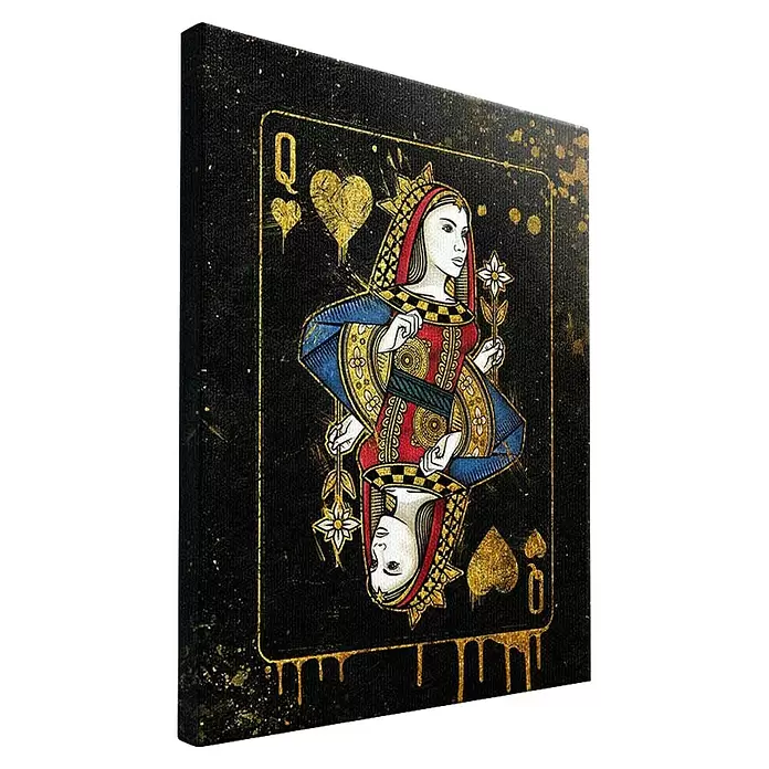 Dotcomcanvas Leinwandbild - Queen Card, B x H: 120 x 160 cm - Schwarz-goldenes Leinwandbild einer Herz Dame Spielkarte mit Grunge-Stil Tropfen.