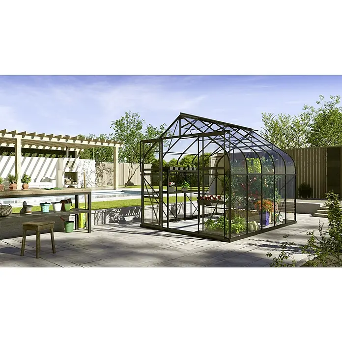 Vitavia Gewächshaus Dione 8300 - Außenmaß inkl. Dachüberstand (B x T): 263,5 x 321 cm, 3 mm, Schwarz - Abbildung eines Gewächshauses aus Stahl und Glas im Freien.