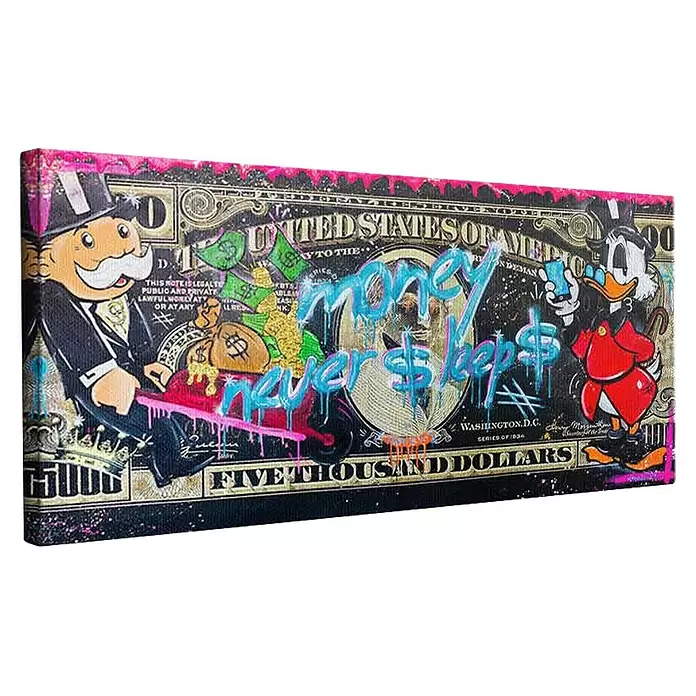 Dotcomcanvas Leinwandbild - Money Never Sleeps 3.0, B x H: 120 x 60 cm - Pop-Art-Leinwand mit Monopoly-Mann und Dagobert Duck auf einer stilisierten Banknote, mit Graffiti-Schriftzug „money never sleeps“.