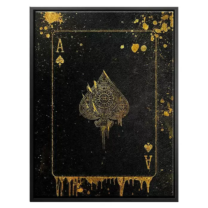 Dotcomcanvas Leinwandbild - Ace Card, B x H: 90 x 120 cm - Schwarzer Pik-Ass-Kunstdruck mit goldenen Spritzern und verziertem Goldtropfen-Design auf strukturierter Oberfläche.