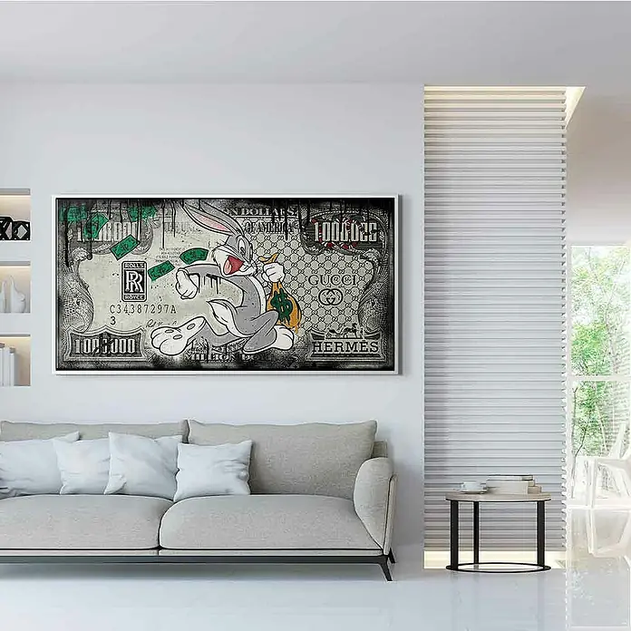 Dotcomcanvas Leinwandbild - Fast Bunny, B x H: 120 x 60 cm - Wandbild mit Bugs Bunny Motiv auf einer Ein-Dollar-Note mit Gucci- und Hermes-Logos. Stilvolle Dekoration für ein modernes Zuhause.