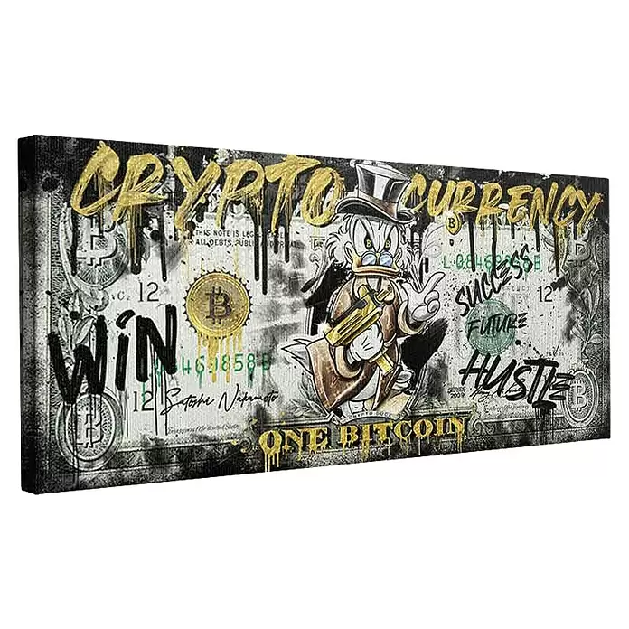 Dotcomcanvas Leinwandbild - Crypto Duck, B x H: 120 x 60 cm - Rechteckiger Leinwanddruck mit Graffiti-Kunst: Ente, 'Cryptocurrency', 'One Bitcoin' und Schrift in Gold/Schwarz auf Graustufen-Banknoten-Design.